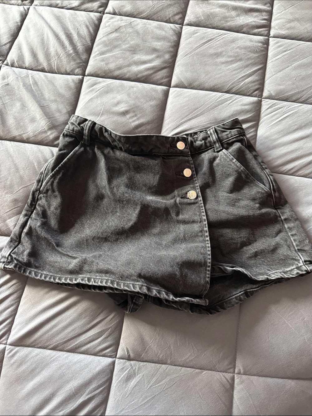 Zara Washed Black Denim Button-Front Skort